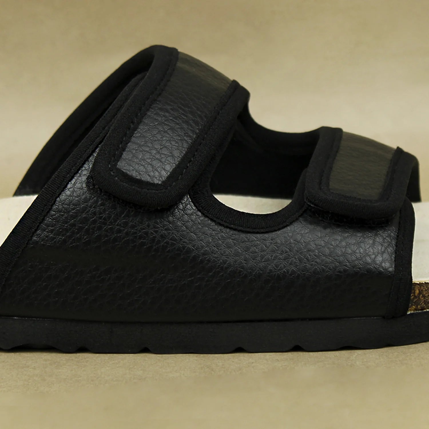 Comfortable black cork sandals with strong Velcro closure