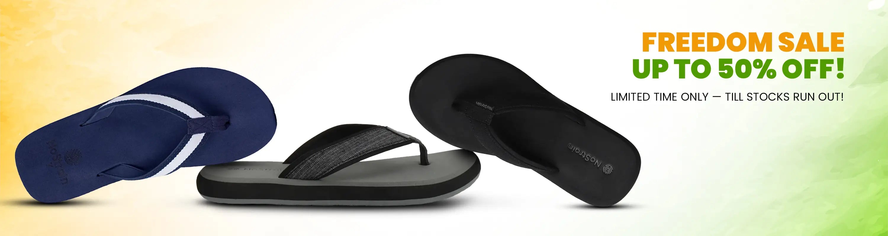 Two pairs of flip-flops on a gradient background with promotional text for a sale.