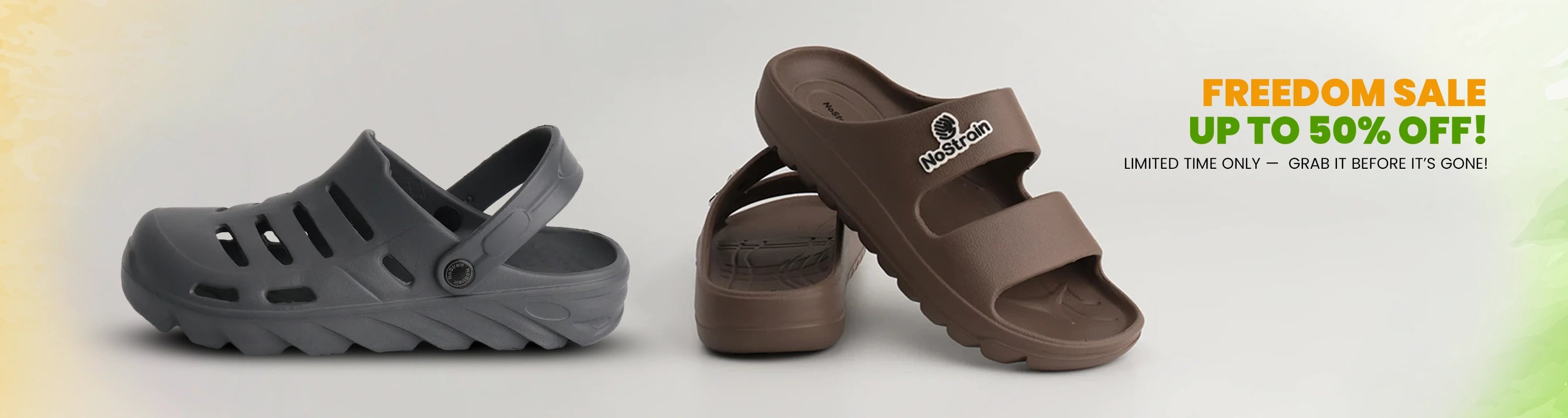 Gray and brown sandals on a light gray background with promotional text.