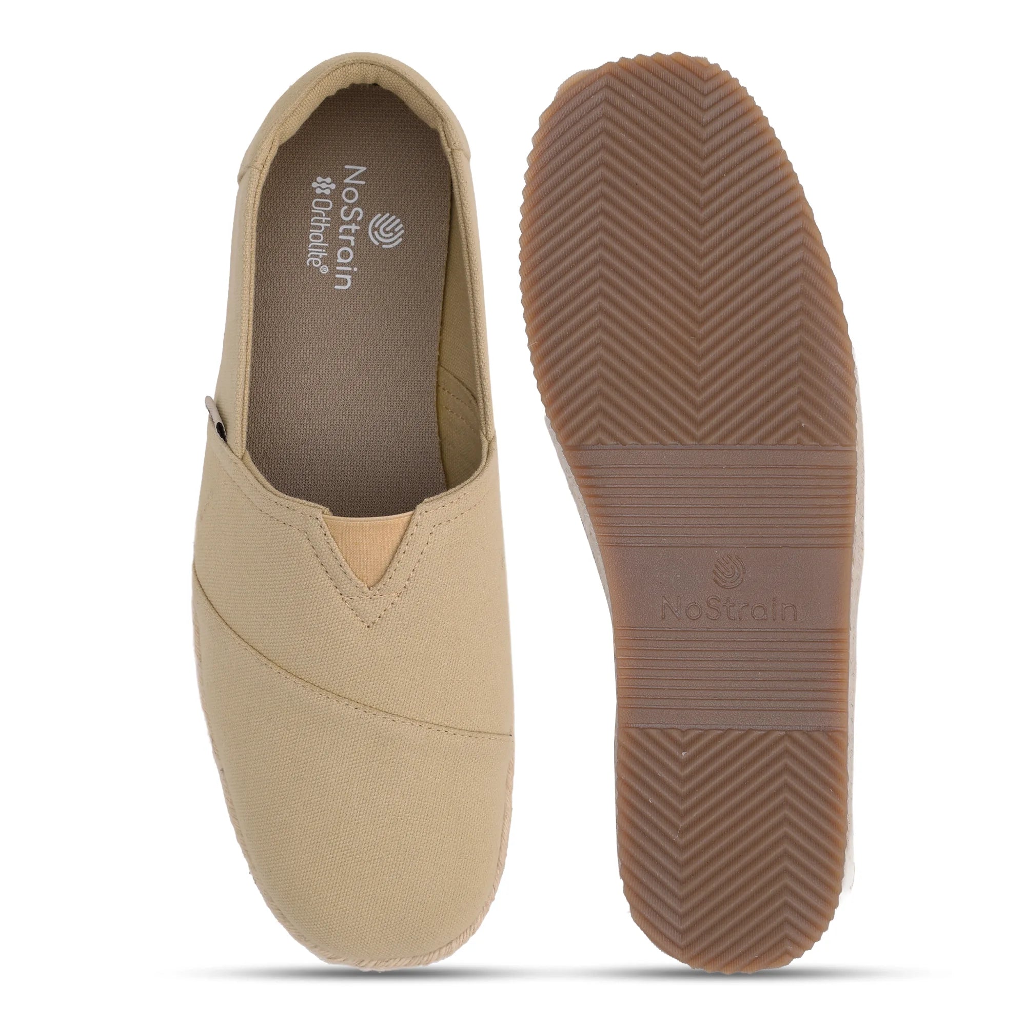 Stylish and lightweight men’s beige slip on shoes by NoStrain that pair perfectly with any casual outfit.
