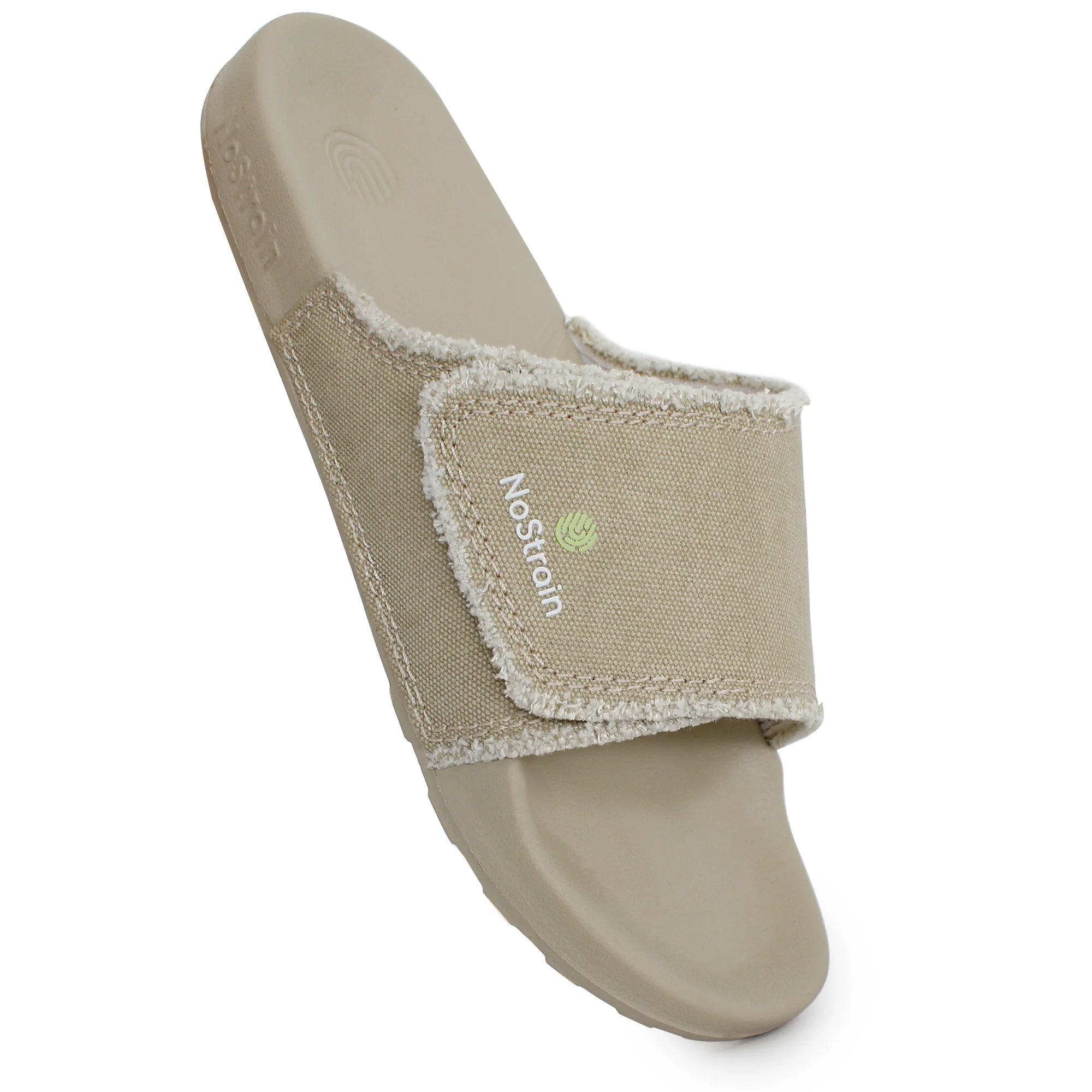 Men's sandal featuring a casual, sandy beige canvas upper with a slip-on design and rough edges.