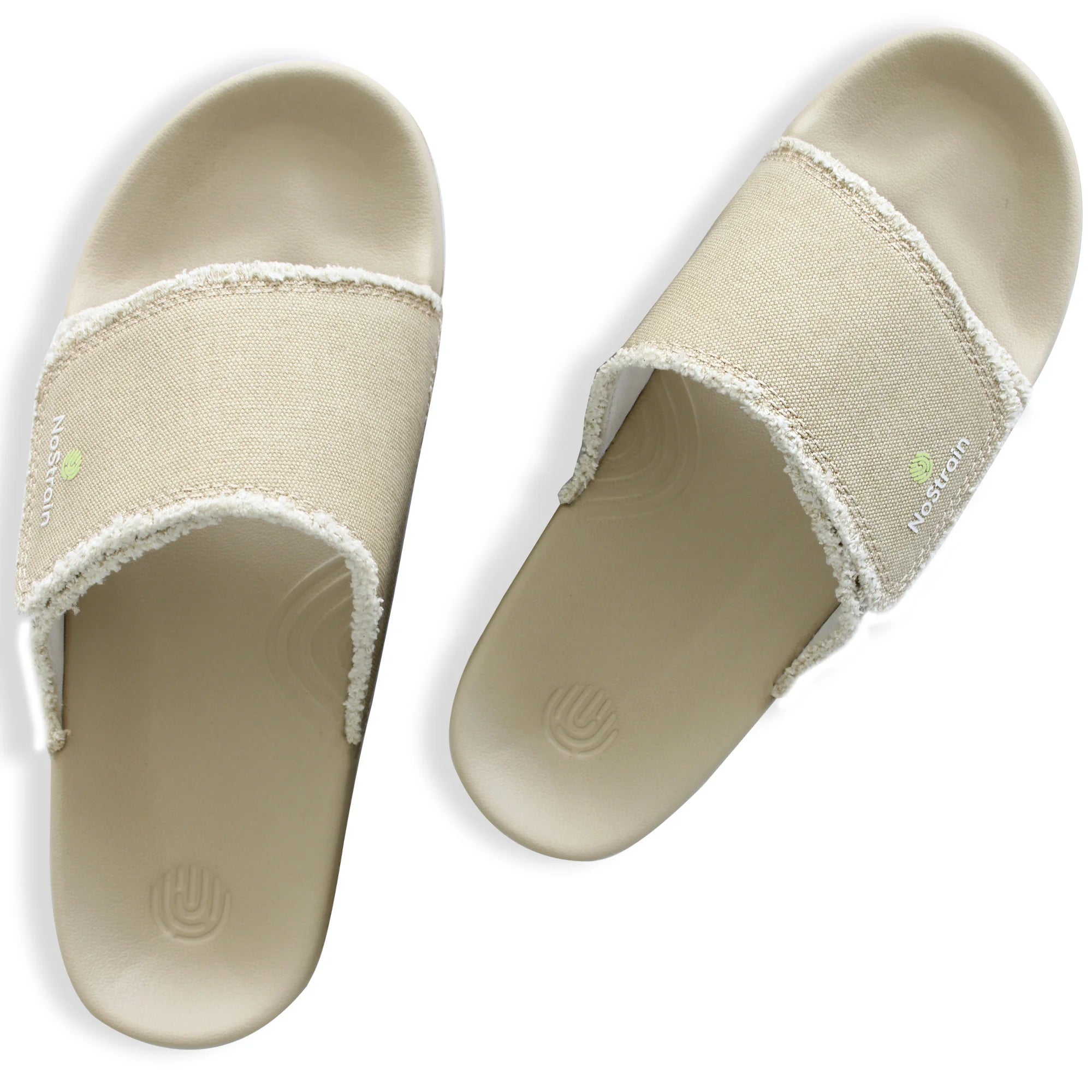 Men's slides in a sandy beige canvas with a distressed, rough-edge finish for a unique look.