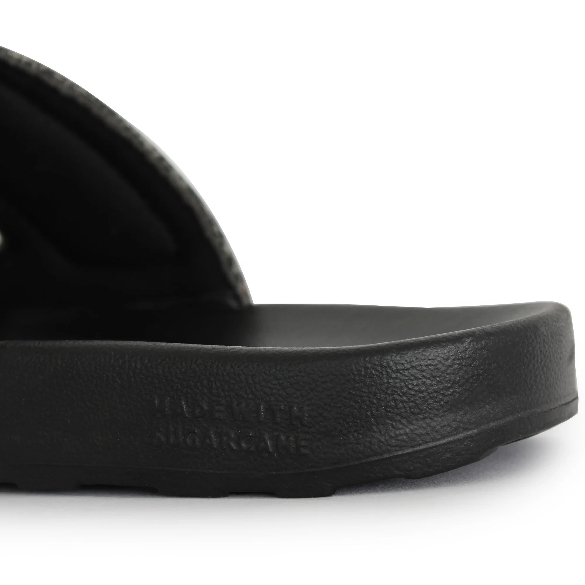 Men's black canvas sandals showing branding on sliders