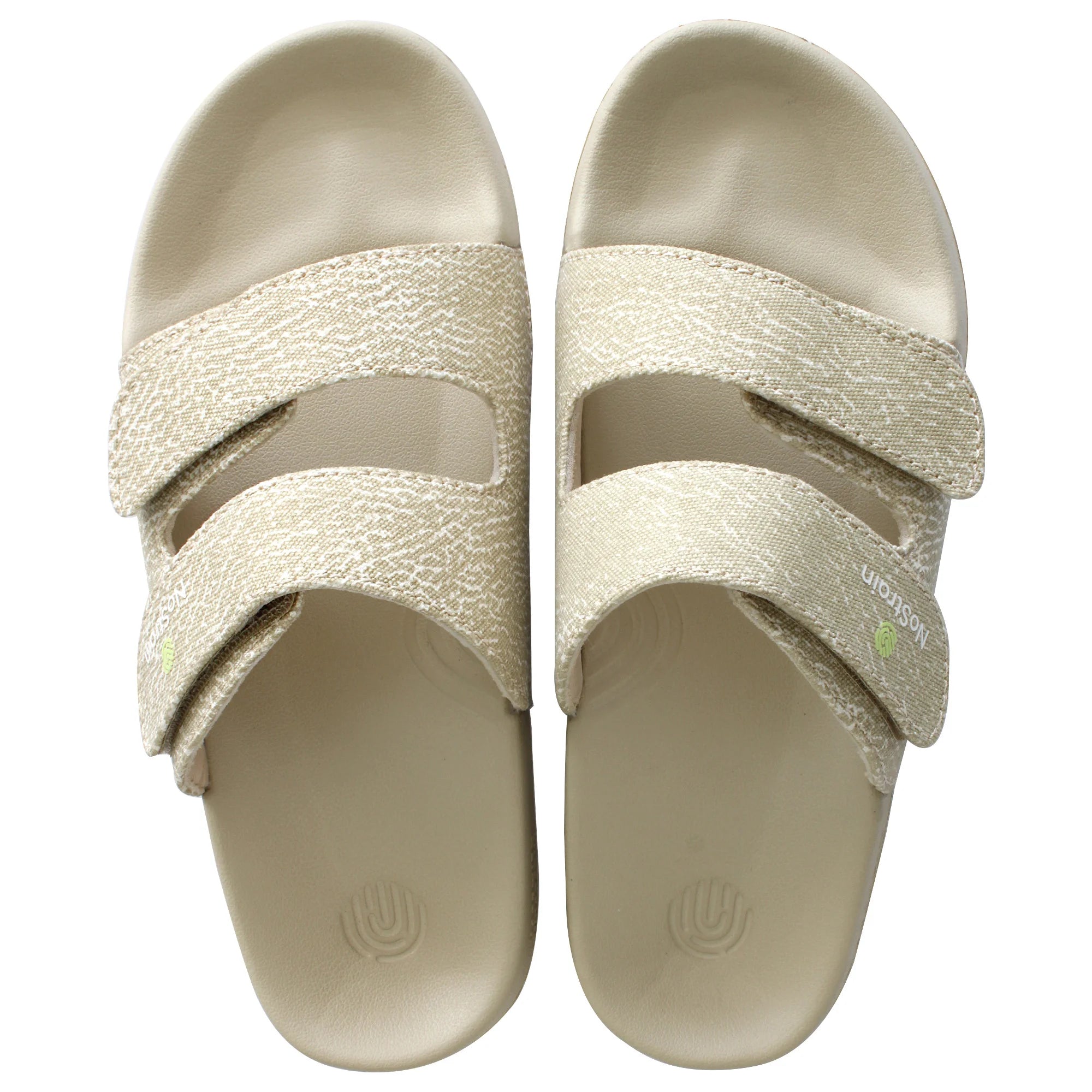 Top view of men’s sandy beige sliders with wave print.