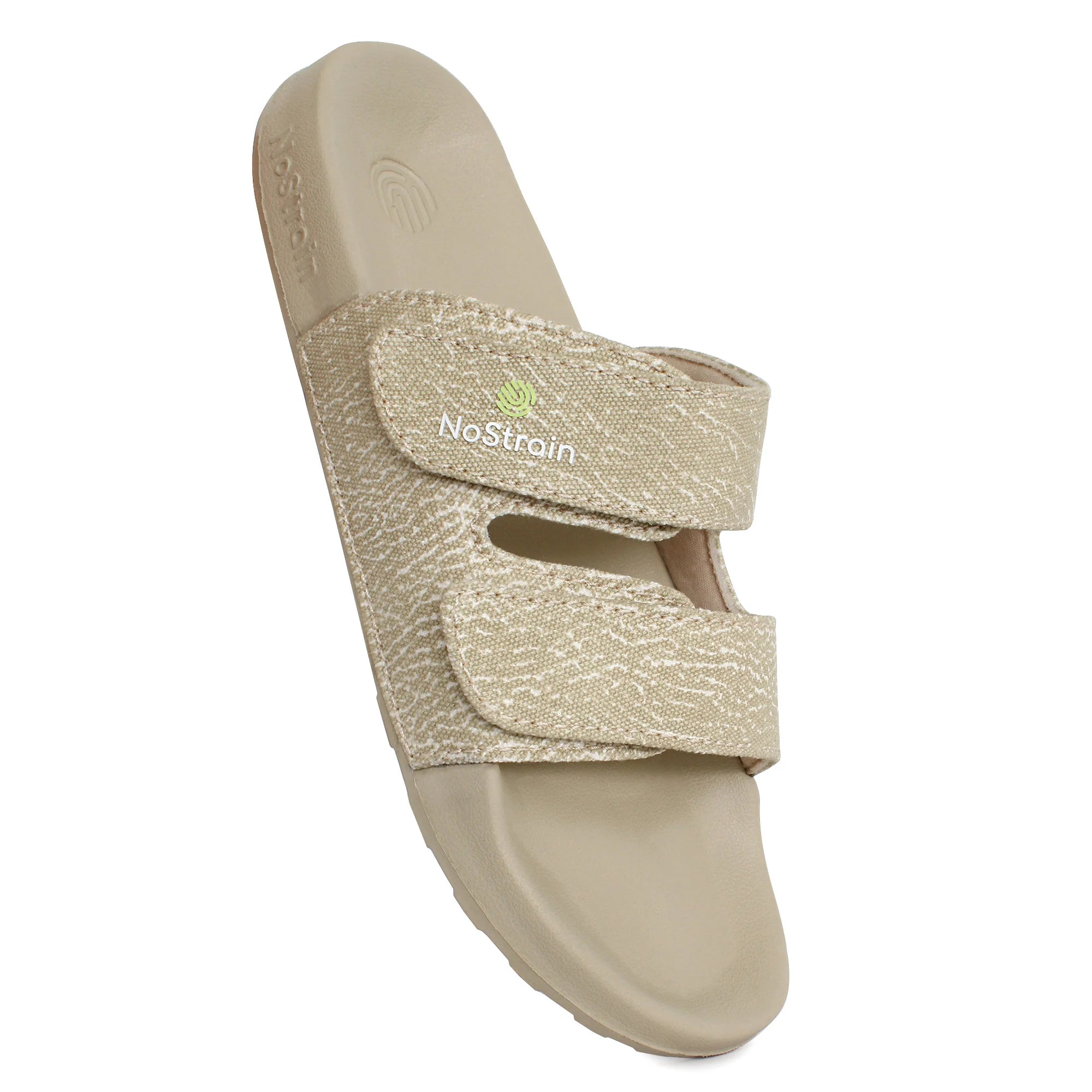 Men’s sandy beige sliders displayed at an angle, showing the length.