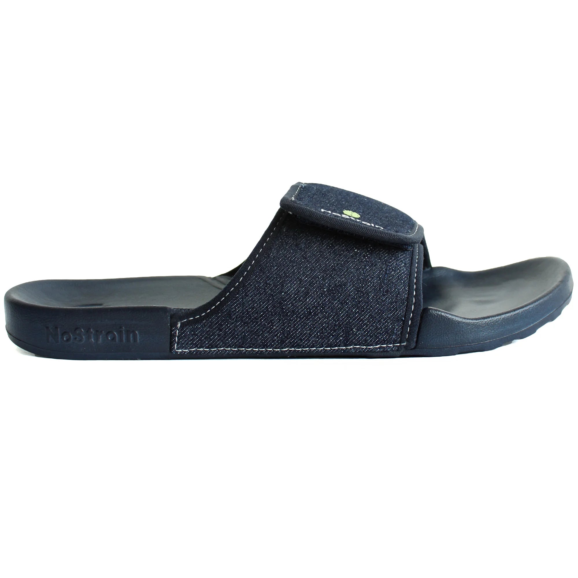 Experience unmatched comfort with Men's Denim Sugar Sliders in Dark Navy, featuring built-in arch support for optimal foot alignment.