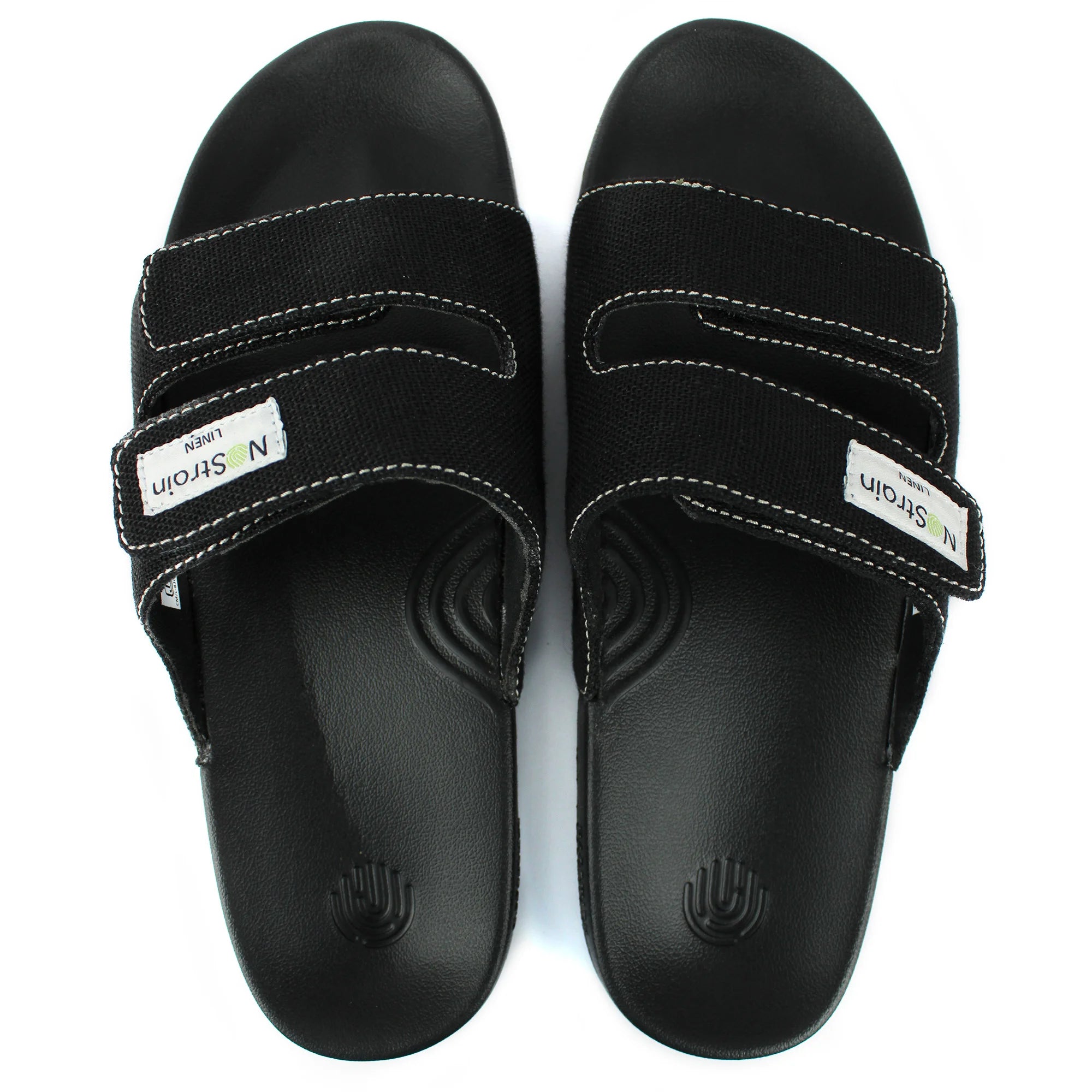 Achieve effortless cool with Men's Midnight Black Linen Parallel Sugar Sliders, featuring a sleek and versatile design.