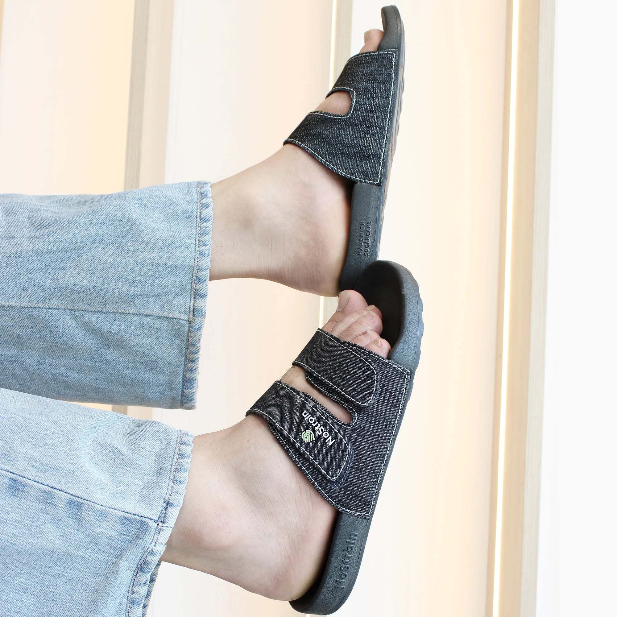 Comfortable Men's Denim Slides in Slate Grey with Parallel Stitching.