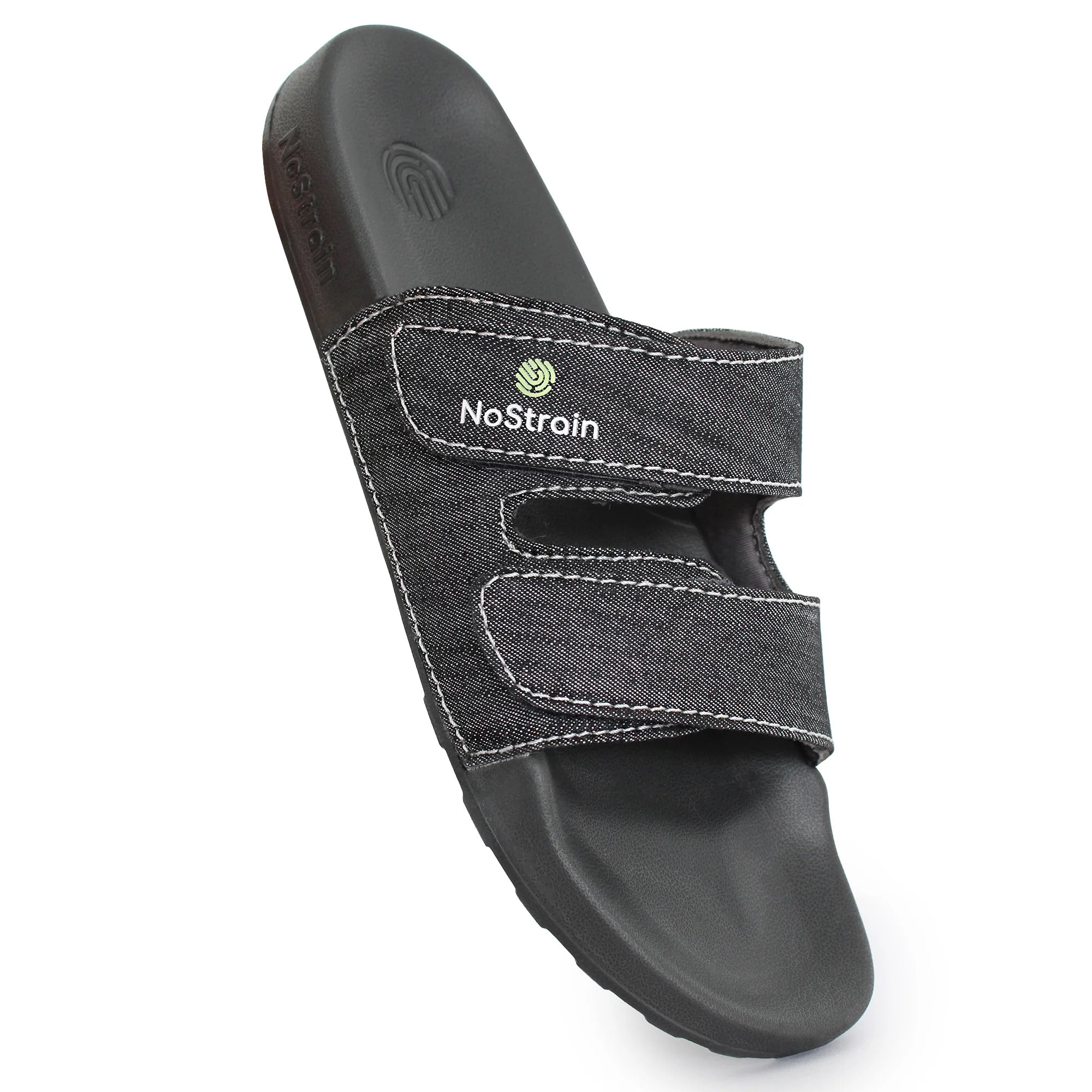 Open-toe Footwear for Men: Slate Grey Denim Sliders with Parallel design.