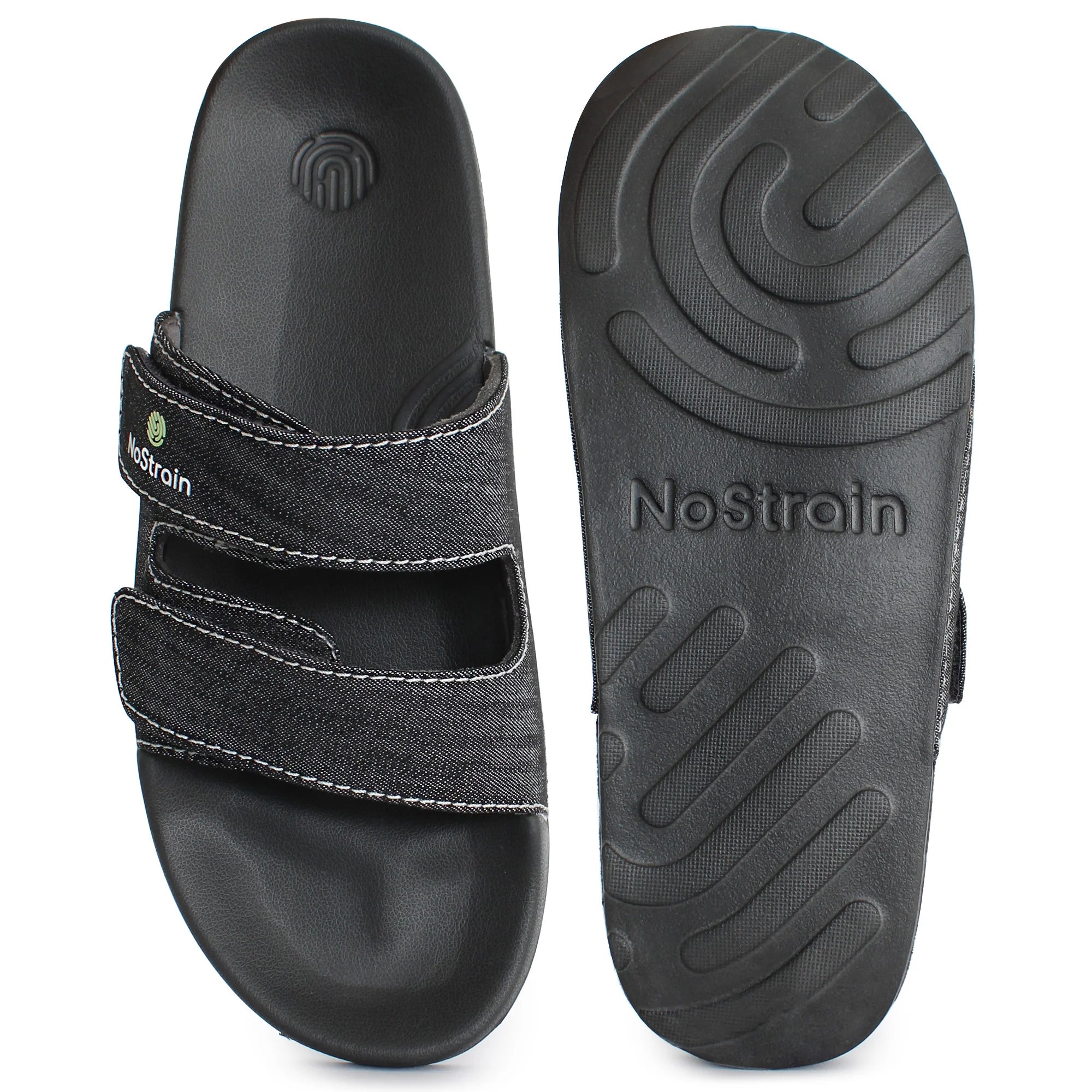 Nostrain grey sugar sliders for men with top and sole view.