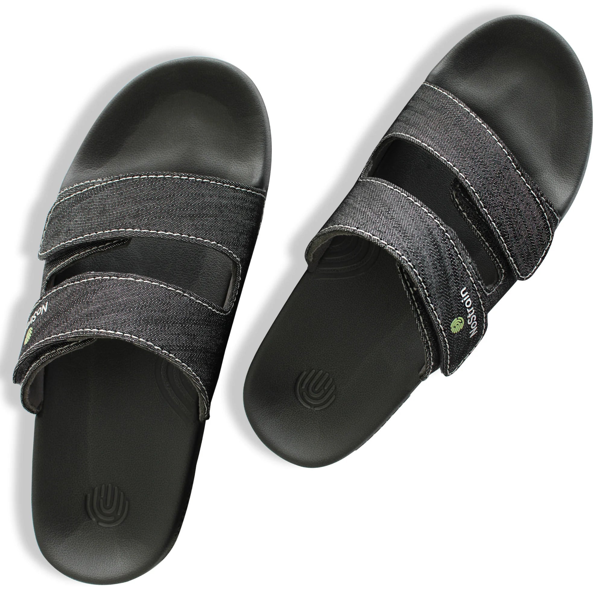 Slate Grey Denim Sliders with a Unique Parallel Design.