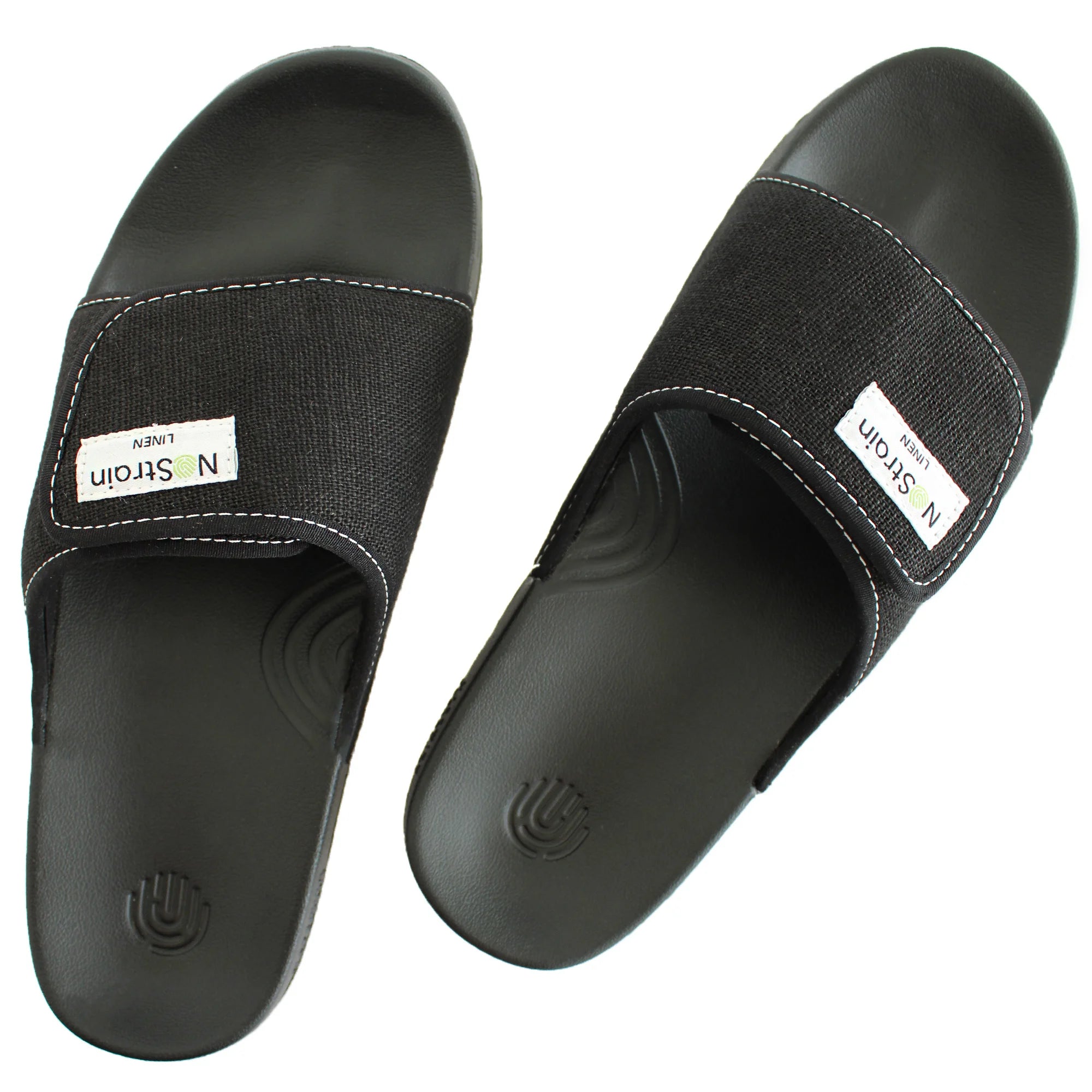 Experience urban cool in Men's Midnight Black Linen Sugar Sliders, stylish and comfy.