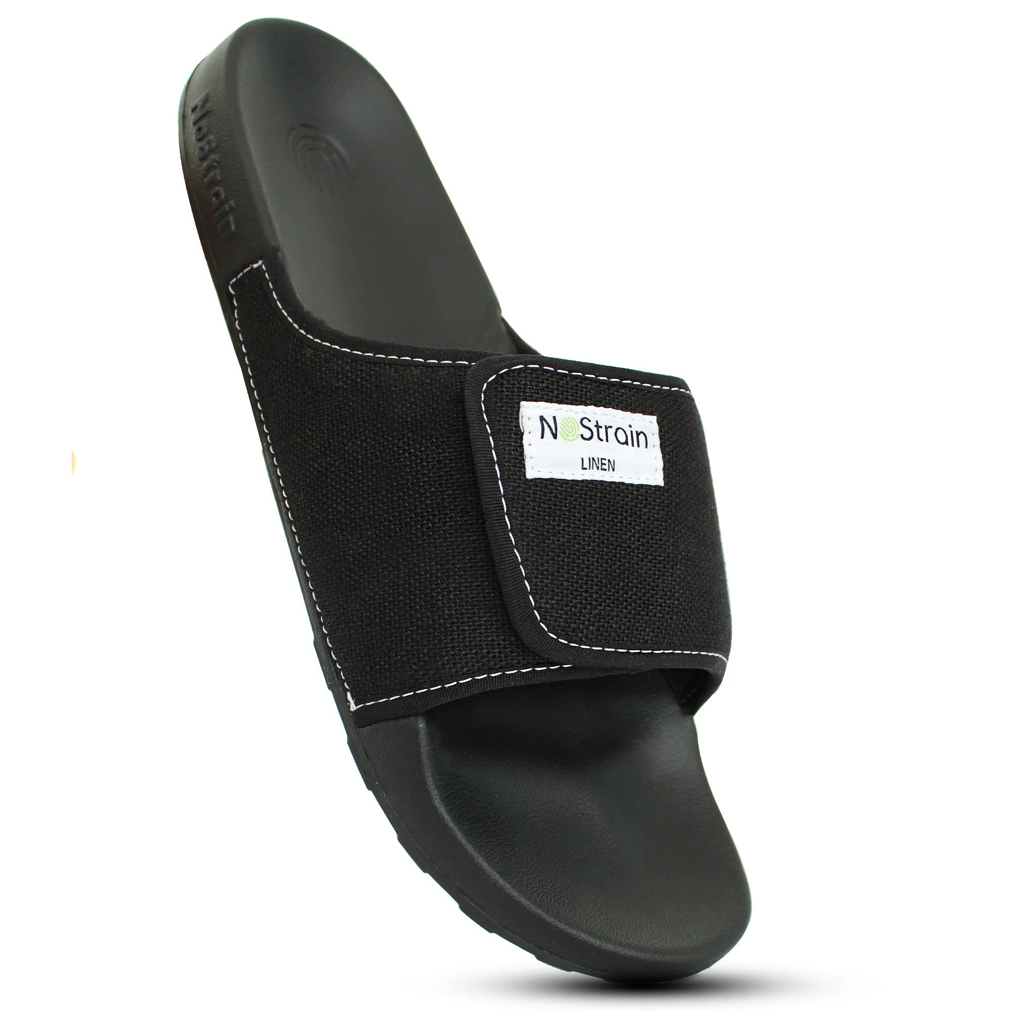 Stand out with Men's Midnight Black Linen Sugar Sliders, both classy and relaxed.