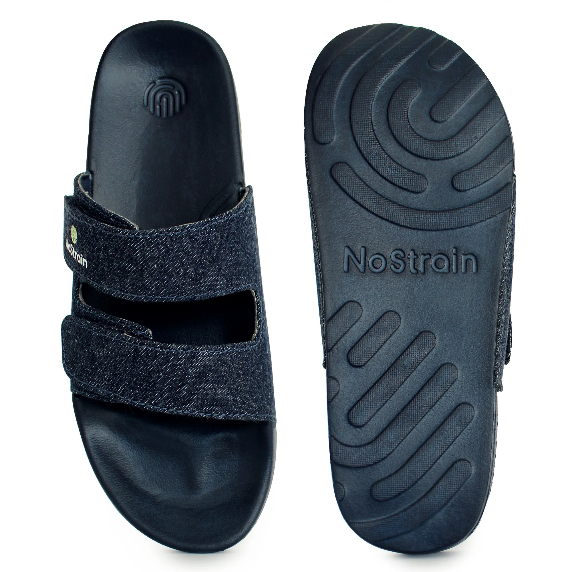 a detailed view of sole and straps of navy sugar sliders for men