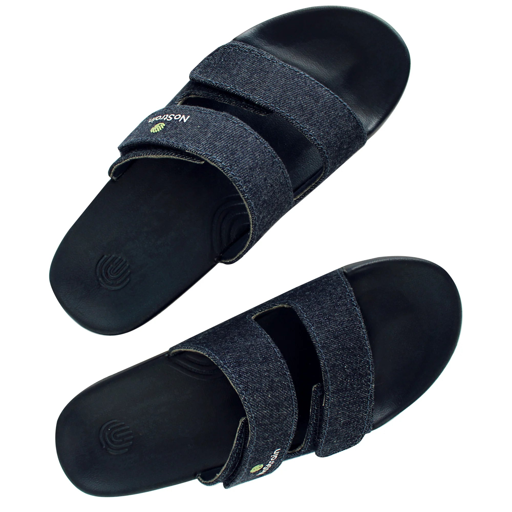 Men Denim Parallel Sugar Sliders with lightweight natural fabric straps.