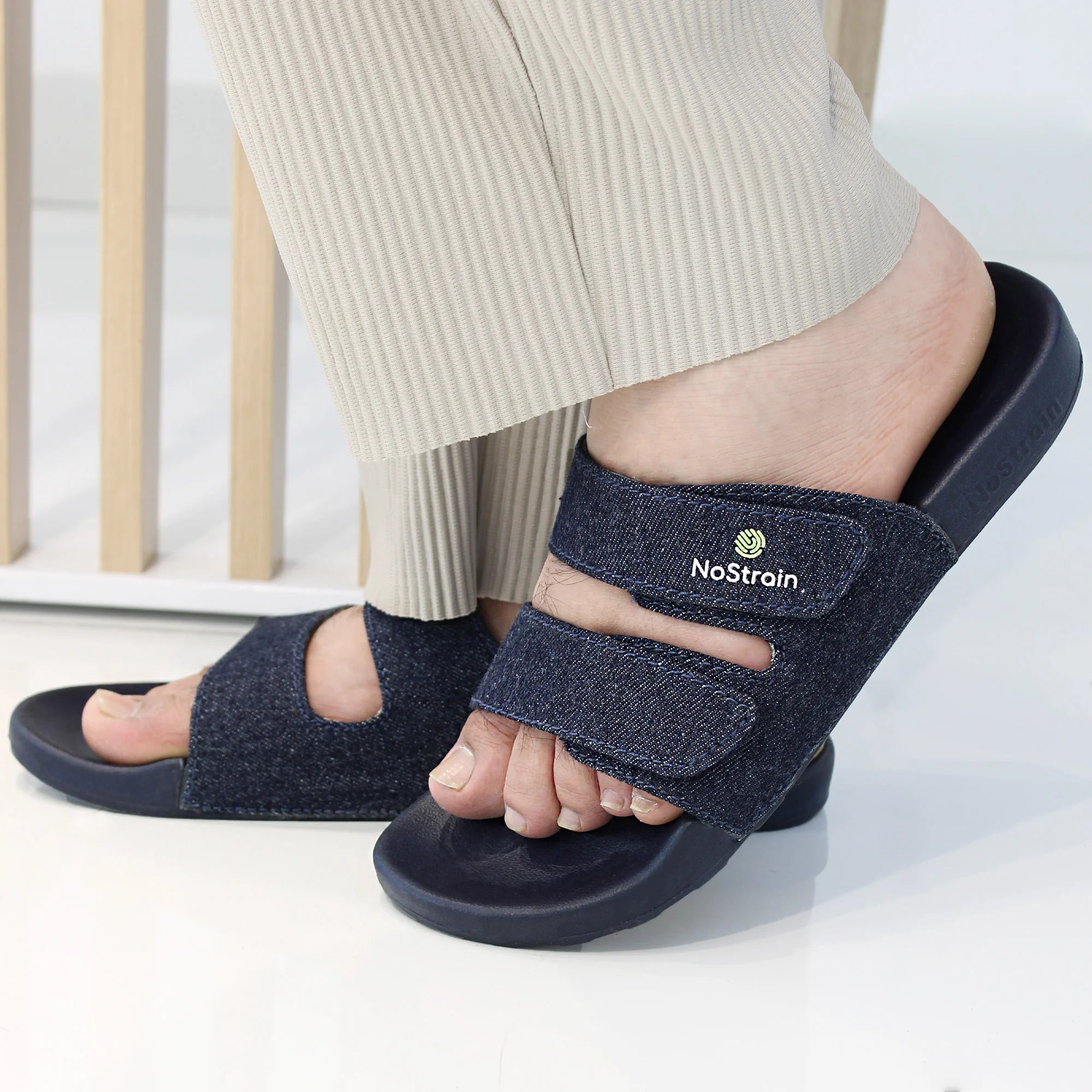 Men wearing Men Denim Parallel Sugar Sliders Navy colour.