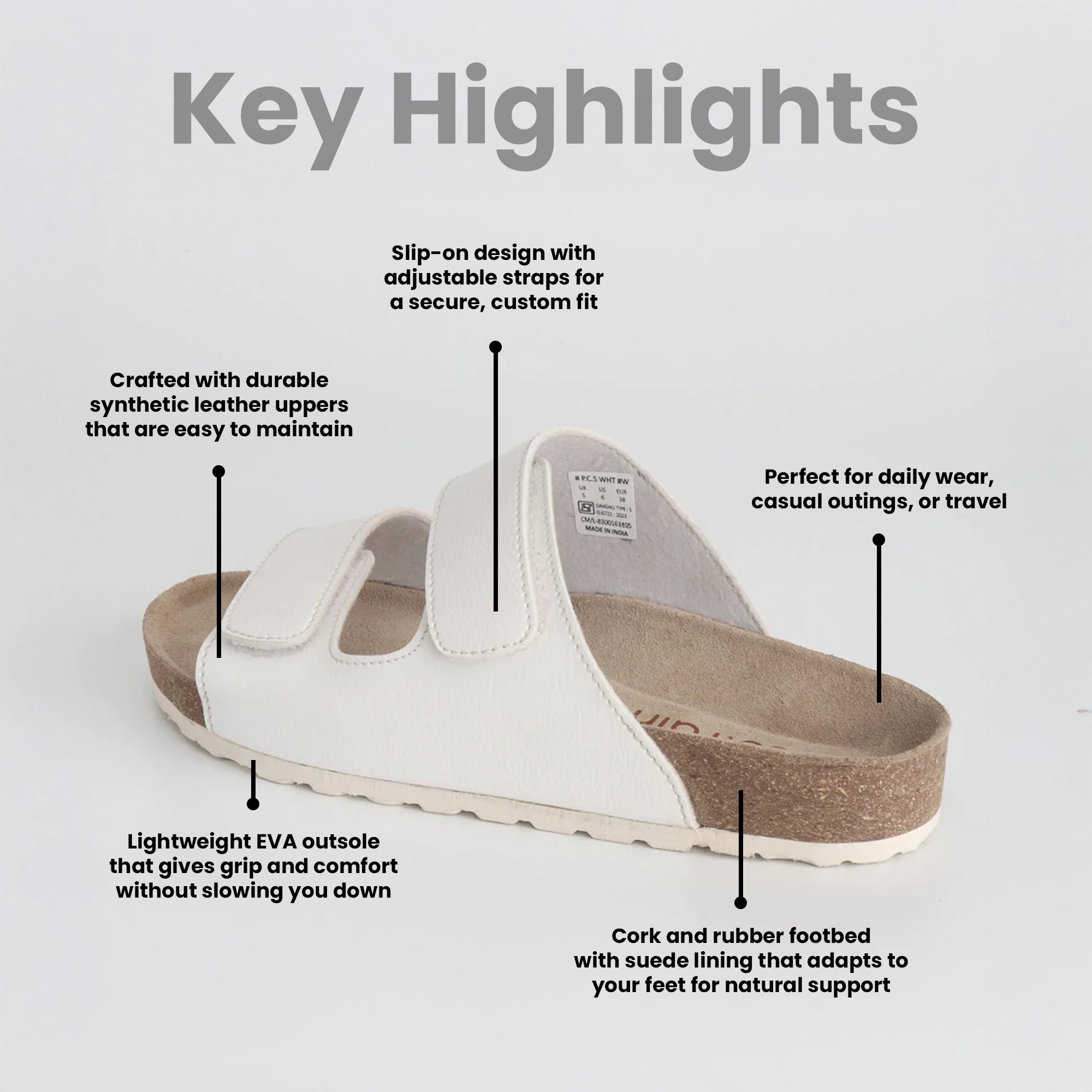 White cork sandal for women with text highlighting features