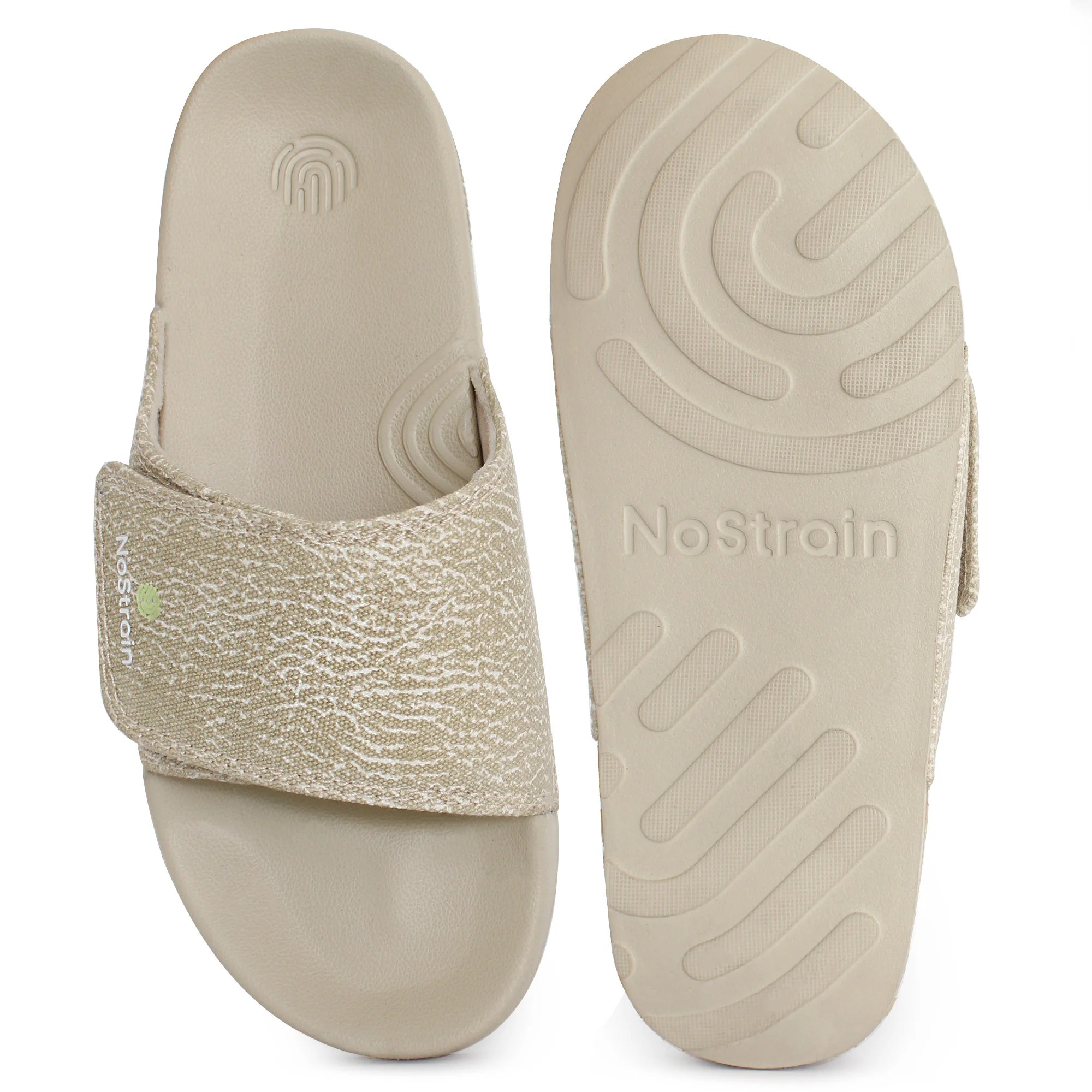 NoStrain beige sugar sliders with adjustable straps and lightweight sole.